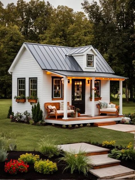 15 Cute Tiny White Cottages Full of Charm - Nikki's Plate Luxury Tiny Homes Interiors, Tiny Home Ideas Exterior, French Country Tiny House, Tiny Home Outside, Tiny Home Porch, Tiny Ranch House, Mini Houses Tiny Homes, White Tiny House, Exterior Tiny House