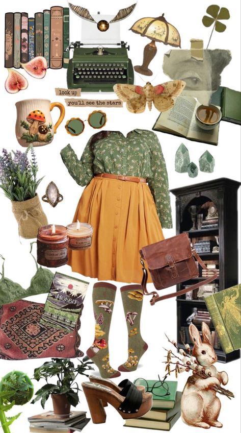 Pastel Goblincore Outfit, Hobbit Core Fashion, Woodland Aesthetic Outfit, Midsize Cottagecore, Gardencore Outfit, Hobbitcore Outfits, Hobbit Aesthetic Clothes, Hobbitcore Fashion, Bookstore Outfit