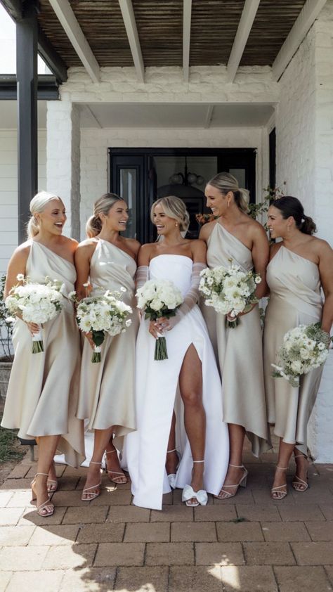 Bridesmaids White Dresses, Off White Bridesmaids Dresses, Neutral Shades Bridesmaid Dresses, Best Bridesmaid Dress Colors, All White Wedding Bridesmaid Dress, Taupe Wedding Bridesmaid Dresses, Fall Neutral Wedding Colors, Wedding Ideas Neutral Colors, White Silk Bridesmaid Dresses