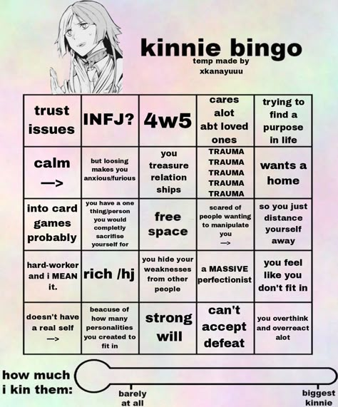 Sigma Bsd Kinnie Bingo, Sanemi Kinnie Bingo, Kou Kinnie Bingo, Dazai Kinnie Bingo Template, Dazai Bingo Kin, Every Kin List Got The, Tecchou Kinnie Bingo, Bungo Stray Dogs Kinnie Bingo, Sigma Kinnie Bingo