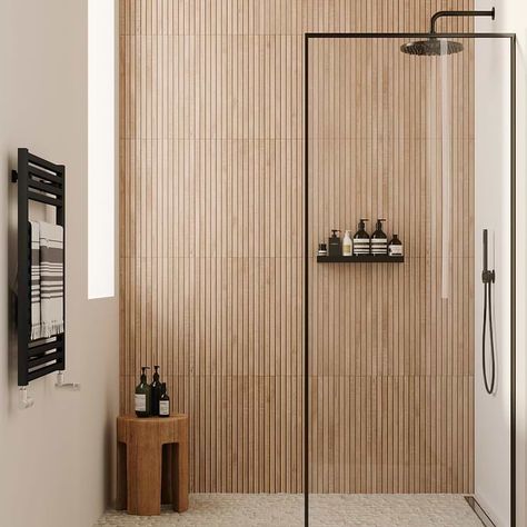 Shop Kenridge Ribbon Maple 24x48 Matte Porcelain Wood Look Tile | TileBar.com Maple Tile Bathroom, Reeded Tile Bathroom, Marble And Wood Tile Bathroom, Faux Wood Shower Tile Ideas, Bamboo Tiles Bathroom, Bathroom With Wood Tile Shower Walls, Wood Tile Accent Wall Shower Ideas, Bathroom Floor Wood Tile, 24x48 Porcelain Tile Bathroom