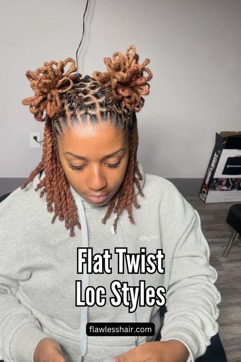 Flat Twist Locs Petal Space Buns Space Buns On Locs, 2 Strand Loc Styles, Bun Locs Hairstyles For Women, Locs Petal Bun, Loc Space Buns, Locs Styles For Short Hair, Flat Twist Locs, Flat Twist Loc Styles, Petal Bun Locs