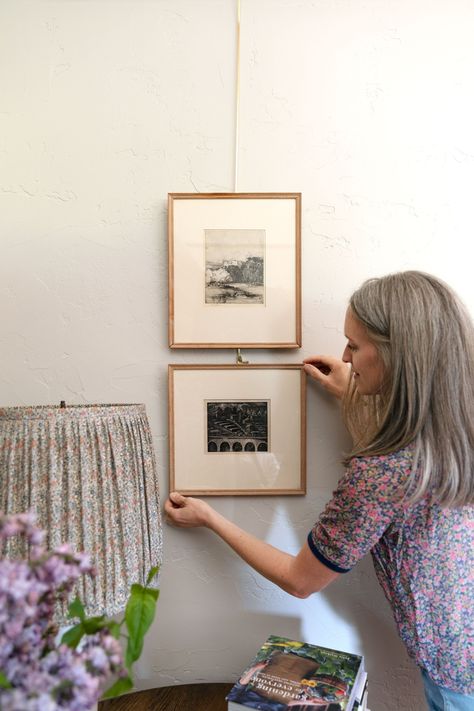 The brass rods we use for easy hanging (and changing!) of art - no holes or wall patches required! Picture Rail Hanging, Bm Revere Pewter, Picture Rail Molding, The Grit And Polish, Grit And Polish, Ceiling Crown Molding, Brass Rods, Picture Molding, Hallway Art