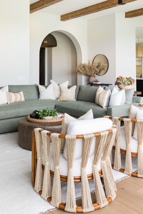 This Gorgeous Palm Springs House Is Not Your Typical Vacation Home Florida Sitting Room Ideas, Boho Luxury Living Room, Palm Springs Style Interior Living Room, Vacation Living Room, Palm Springs Furniture, Two Chairs In Living Room, Coastal Sitting Area, Boho Accent Chairs, Coastal Vacation Home