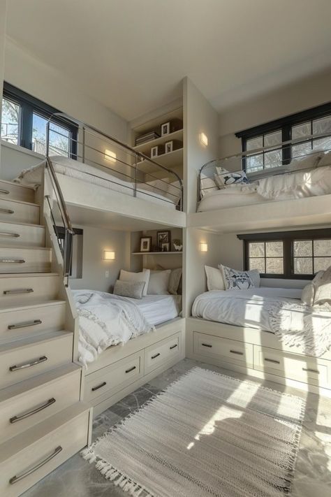 40 Bunk Room Ideas: Designs for Fun, Space-Saving Solutions Six Bunk Beds In One Room, Double Bed Rooms Ideas, Double Bunk Beds Built In, Florida Rooms, Bunk Room Ideas, Calm Bedroom, Bunk Bed Room, Bunk Bed Rooms, Adult Bunk Beds