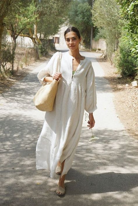 Madge Bettany Outfits For 2024, Summer Postpartum Outfits, White Puffy Sleeve Dress, Casual Maxi Dress Outfit, Linen Dress Outfit, Summer Flowy Dress, White Linen Outfit, Cream Linen Dress, Linen Dresses Summer