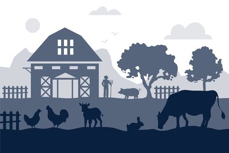 Farm Silhouette, Farm Vector, Animal Outline, Farm Village, Theater Design, Farm Field, Project Work, Silhouette Painting, Farm Fence