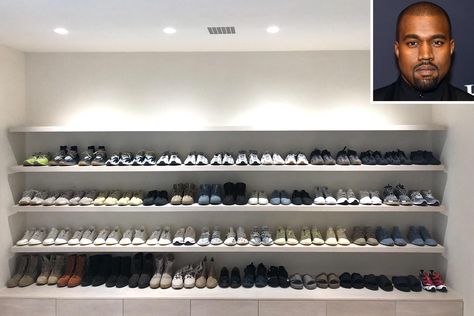 Kanye West Shares a Rare Look Inside His Epic Shoe Closet Kanye West House Aesthetic, Kanye West Closet, Kim Kardashian Closet Room, Sneaker Closet Ideas, Shoe Walls, Kanye West House, Kanye West Home, Kim Kardashian Shoes, Kim Kardashian Closet