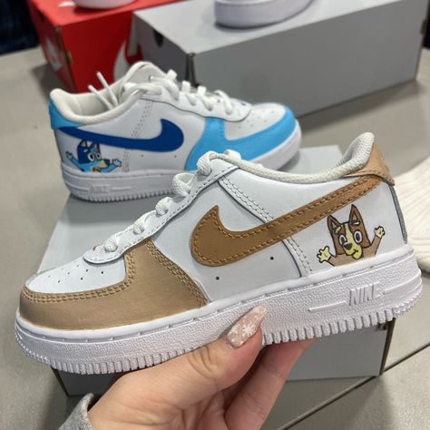 Hi! I’m Maddie And I Have A Small Business Named Kicks And Kreationz! I Design And Hand Make Custom Shoes And Clothing To Support My College Expenses! Any Support Is Greatly Appreciated! :) My Business Insta Is @Kicks_and_kreationz Custom Hand-Painted Bluey Air Force 1s, Size 10c Comes With Box, Wear And Water Resistant Cool Custom Shoes, Disney Nike Shoes, Cute Custom Shoes, Bluey Shoes Diy, Cute Shoe Painting Ideas, Bluey Converse, Nike Air Force 1 Painting Ideas, Shoe Diy Ideas, Shoe Customization Ideas