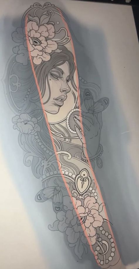 Neo Nouveau Tattoo, Neo Traditional Sleeve, Beautiful Spine Tattoos, Neo Traditional Art, Spine Tattoo Ideas, Neo Tattoo, Nouveau Tattoo, Full Tattoo, Girl Face Tattoo