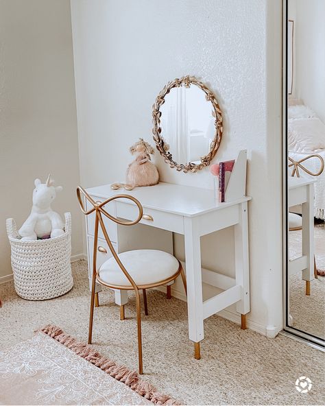 Girl Desk and Vanity Vanity In Nursery, Toddler Desk In Bedroom, Vanity Table For Kids, Kids Vanity Desk, Girls Room With Vanity, Girl Vanity Ideas Kids, Kid Vanity Ideas Girl Rooms, Girls Vanity Ideas Kids Bedroom, Diy Kids Vanity Girl Rooms