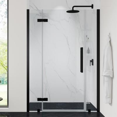 OVE Endless Tampa TA1330401, 45-11/16 to 48-1/16 in. W x 72 in. H Alcove Frameless Hinge Shower Door in Black with Shelves. The OVE Decors Endless 48-1/16 in. Tampa frameless hinge shower door set features a fixed panel hinge system, offering an industrial-inspired look that will complement any space. It comes with premium quality oversized hardware complete with a Black finish, and includes a 10 in. wide fixed panel, a 24 in. wide door panel, a 10 in. wide inline panel, ideal for an Alcove inst Bathroom Measurements, Black Shower Doors, Frameless Hinged Shower Door, Shower Stalls, Frameless Shower Door, Dream Shower, Contemporary Shower, Frameless Shower Doors, Shower Base