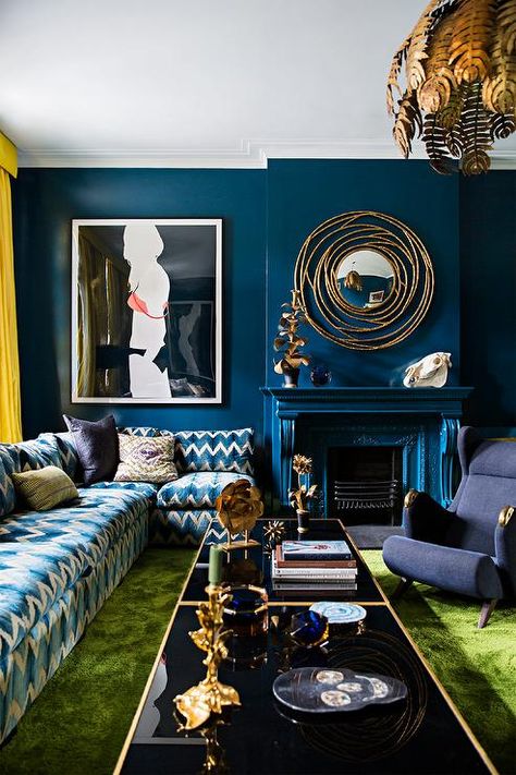 French Fireplace Mantel, Blue And Gold Living Room, Blue And Green Living Room, White Accent Pillow, Gold Living Room, Black Living Room, Black Coffee Tables, Contemporary Coffee Table, Big Design