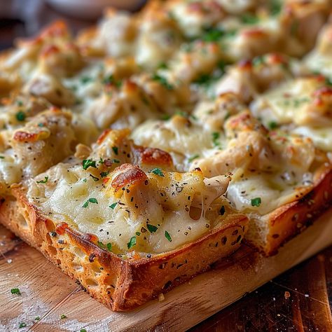 Get ready to tantalize your taste buds with a mouthwatering fusion of flavors in our Chicken Alfredo Garlic Bread Pizza recipe. Combining the creamy richness of Alfredo sauce, tender rotisserie chicken, and gooey melted cheese ... READ MORE Garlic Bread Chicken, Chicken Garlic Bread, Alfredo Garlic Bread, Chicken Alfredo Garlic Bread Recipe, Chicken Alfredo Cheese Bread, Chicken Alfredo Bread, Shrimp Alfredo Garlic Bread, Chicken Alfredo French Bread, Chicken Alfredo Garlic Bread