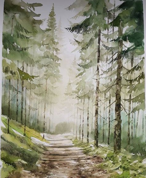 Mountain Lake Watercolor Painting, Mountain Scene Watercolor, Watercolor Sketchbook Inspiration, Watercolor Painting Forest, Watercolor Marsh Landscape Paintings, Watercolor Trees Landscape, Woodlands Watercolor, Watercolour Inspiration Landscape, Watercolor Art Mountains