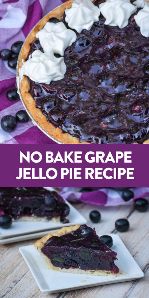 No bake grape JELLO pie is a refreshing summer treat you’ll love! Bursting with big grape flavor, this pie will cool you down and satisfy your sweet tooth all summer long! It is a great dessert that the entire family will love! #summer #dessert #nobake Grape Jello Dessert, Desserts With Grapes, Baking With Grapes, Grape Pie Recipe Easy, Grape Jello Recipes, Grape Pie Recipe, Grape Desserts, Grape Dessert Recipes, Water Pie