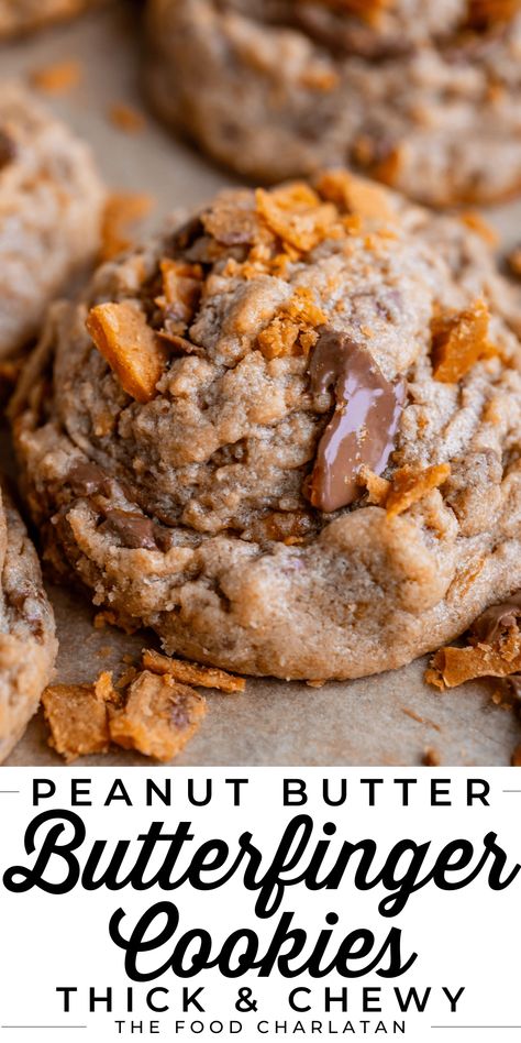 Peanut Butter Heath Cookies, Christmas Peanut Butter Desserts, Dessert Ring Recipes, Crumbl Butterfinger Cookie, Gourmet Drop Cookies, Stuffed Cookie Recipes Middle, Homemade Baked Goods Desserts, Desserts That Look Like Real Food, Gourmet Baking Recipes