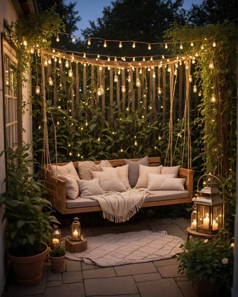 Lit Up Backyard, Deck And Patio Decorating Ideas, Small Magical Garden Ideas, Outside Terrace Ideas, Twinkle Lights Backyard, Garden Sofa Ideas, Very Small Patio Ideas, Seating Area In Garden, Garden Lights Ideas Outdoor