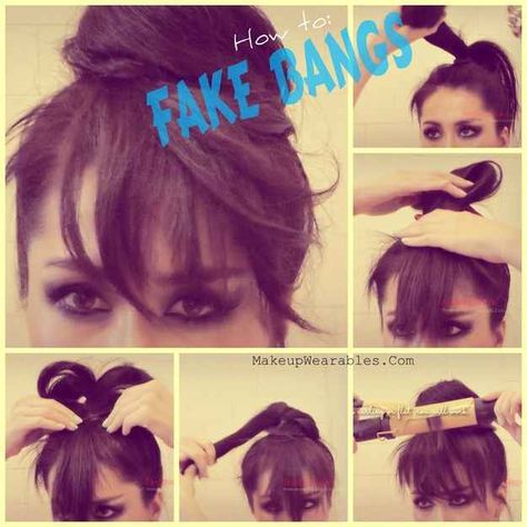 An artfully splayed ponytail will give you temporary fake bangs. Tutorial Chignon, Five Minute Hairstyles, Fake Bangs, 5 Minute Hairstyles, Bangs Tutorial, Easy Bun Hairstyles, Hair Bun Tutorial, Bun Tutorial, Great Hair