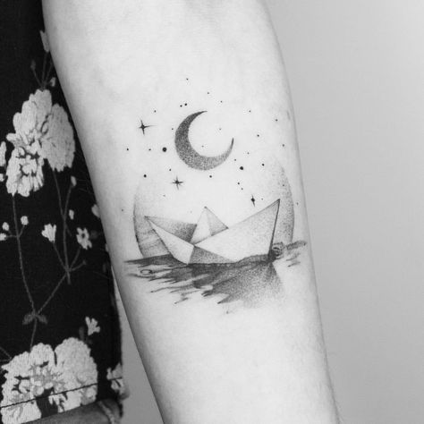 Paper Boat Tattoo, Paper Airplane Tattoos, Kids Tattoo, Boat Tattoo, Airplane Tattoos, Tattoo Dotwork, Vegan Tattoo, Water Tattoo, Tattoo Paper