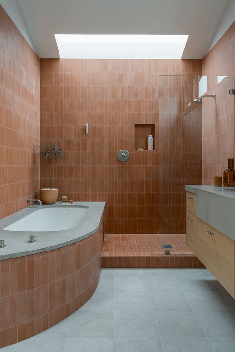 Inside a Young Family's Playful Encinitas, California, Home Glasgow Flat, Terracotta Bathroom, Integrated Headboard, Zia Tile, Encinitas California, Parachute Home, Dark Wood Cabinets, Cle Tile, Walnut Floors