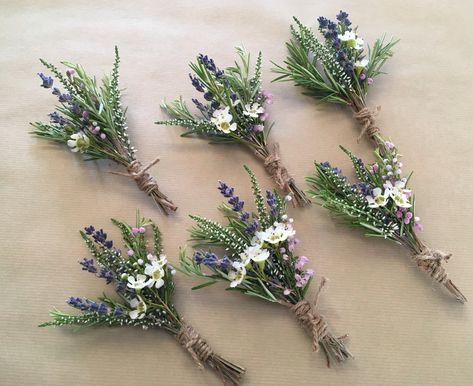 Natural style tied buttons, using rosemary, dried lavender, heather and waxflower. Lavender And Rosemary Bouquet, Heather Button Holes Wedding, Flower Arrangements With Lavender, Heather Wedding Decoration, Heather Centerpiece, Heather Buttonholes, Wildflower Buttonhole, Heather Wedding Bouquet, Waxflower Wedding