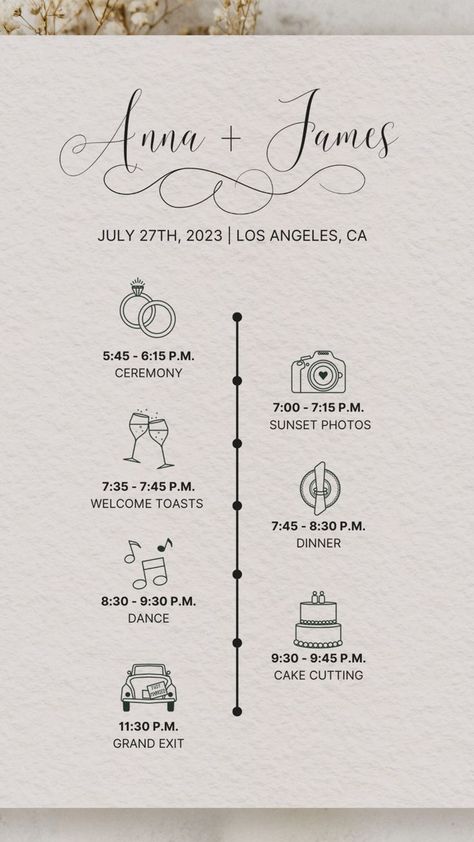 Editable Wedding Day Timeline Wedding Reception Schedule Info - Etsy Canada Invitation Timeline Wedding, Wedding Invitations With Schedule, Wedding Iterinary, Diy Wedding Itinerary, Evening Wedding Timeline No Dinner, All In One Invitations Wedding, Wedding Day Timeline Card, Wedding Reception Itinerary Timeline, Timeline Wedding Invitation