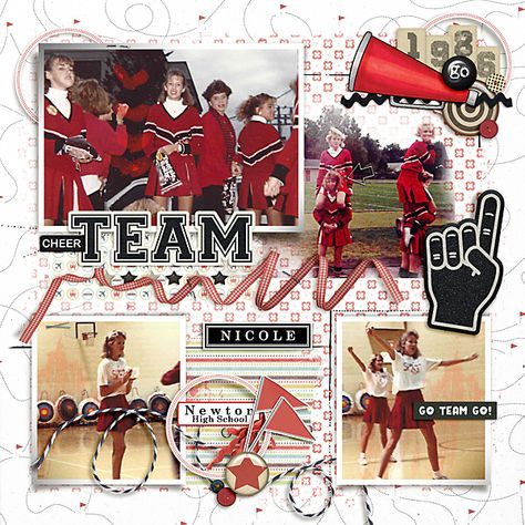 Drill Team Scrapbook Ideas, Team Scrapbook Ideas, Scrapbook Cheerleading Layout, Cheer Scrapbook Layouts, Cheer Yearbook Page, Cheer Yearbook Spread, Sports Scrapbook Ideas, Cheer Scrapbook Ideas, Joy Movie