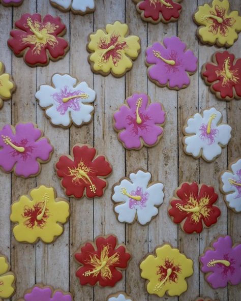 Hibiscus Birthday Party, Hibiscus Cookies, Pretty Pastries, Luau Cookies, Lilo And Stitch Cake, Flower Sugar Cookies, Stitch Cake, Beach Cookies, Flower Cookie