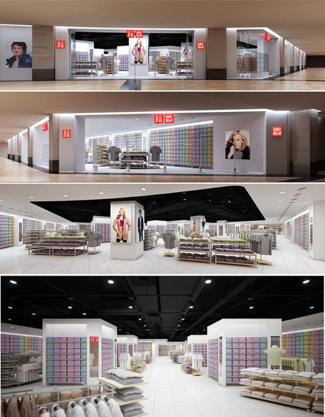 Merchandise Store Design, Uniqlo Store Aesthetic, Uniqlo Aesthetic Store, Uniqlo Store Interior, Moncler Store, Uniqlo Store, Cool Retail, Store Display Design, Commercial Space Design