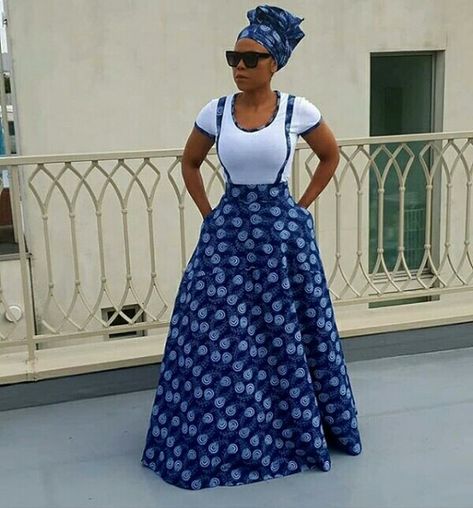 Makoti In Beautiful Shweshwe Inspired Maxi Skirt, T-shirt and Doek South African Traditional Dresses, African Traditional Wear, Shweshwe Dresses, Long African Dresses, African Print Clothing, African Print Dress Designs, Afrikaanse Mode, African Fashion Traditional, African Fashion Ankara