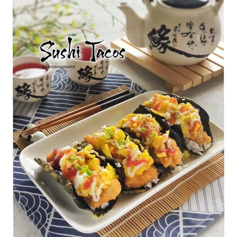 Bahan dan Cara membuat Sushi Taco https://resepmamiku.com/sushi-taco-christinsetiorini Resep Sushi, Sushi Taco, Sushi Nori, Tacos, Gluten Free