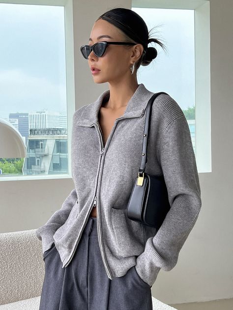 Grey Casual Collar Long Sleeve Fabric Plain  Embellished Slight Stretch Spring/Fall Women Clothing Shoulder Cardigan, Drop Shoulder Cardigan, Cardigan Outfit, Áo Len Cardigan, Zippered Cardigan, Zip Cardigan, Cardigan Outfits, Drop Shoulder Sweaters, Long Sleeve Knit Sweaters