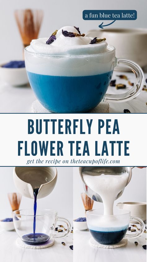 butterfly pea tea, blue tea latte, blue latte, butterfly pea flower Essen, Blue Latte, Pea Flower Tea, Butterfly Pea Flowers, Tea Lattes, Butterfly Pea Flower Tea, Butterfly Pea Tea, Tea Latte Recipe, Tea Drink Recipes