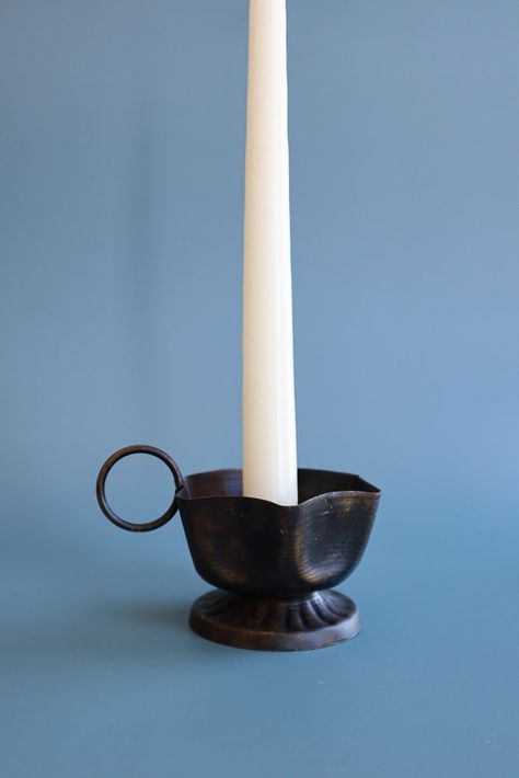 Like a charming piece of Victoriana unearthed at a hometown flea market, this candle holder is complete with a finger hold, adding to its vintage appeal. Each one is handmade in northern India using age-old techniques of the traditional metalsmith. 4.3" length x 3" width x 2" height. 100% sheet iron. Wipe clean or if washing dry thoroughly to avoid corrosion Old Candle Holders, Candle Holder Ceramic, Antique Candle Sticks, Apothecary Candles, Iron Candlesticks, Old Candles, Diy Candle Holders, Relaxation Gifts, Mini Candles