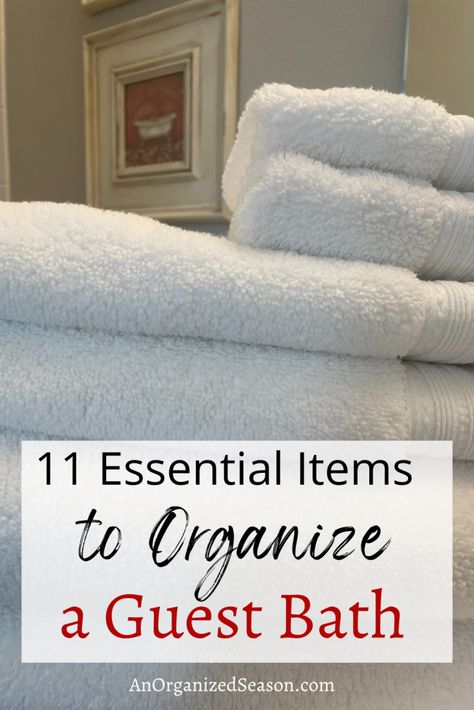 Do you host overnight guests in your home? Learn to organize a guest bath with 11 ultimate essentials to guarantee a comfortable stay! I'll show you eleven items that you need to make guests feel at home! Then we'll discuss where to put them in the bathroom and how to organize the bathroom cabinet. Follow me for more organization inspiration! Guest Bathroom Essentials List, Guest Bathroom Basket Ideas, Guest Bath Towel Display, Bath Towels Display, Guest Bathroom Essentials, Guest Bathroom Towels, Towel Display, Bath Towel Storage, Bath Travel