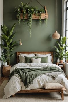 Sage Green And Neutral Bedroom, Green Room Asthetics Bedrooms, Sage Wall Bedroom, Sage Boho Bedroom, Sage Green Wall Bedroom, Green Bedroom With Plants, Sage Bedding Aesthetic, Bedroom Decor Green Walls, Bedroom Accent Wall Green