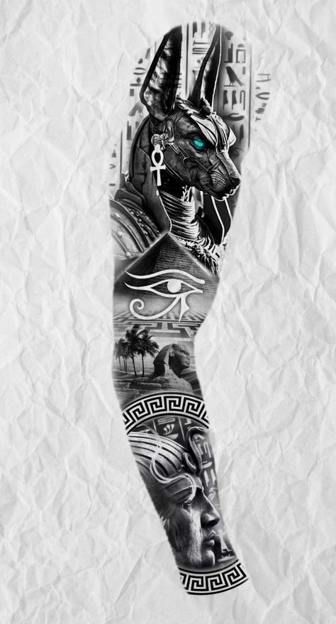 Pyramid Tattoos Egyptian, Egyptian Gods Back Tattoo, Anubis Full Sleeve Tattoo, God Of Egypt Tattoo, Egyptian Full Sleeve Tattoo, Anubis Back Tattoo Design, Egyptian Mythology Tattoo Sleeve, Egyption Sleeve Tattoo, Egyptian Arm Sleeve