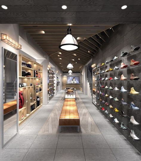 Simple but elegant looking shoe store with great lighting that completes the ambiance. Shoe Store Design, Tiger Store, Sneaker Shop, Store Interiors, Shop House Ideas, Shop House Plans, Interior Display, Sneaker Stores, Retail Store Design