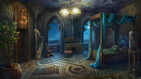 Palace Bedroom Fantasy Art, Elven Bedroom Concept Art, Underwater Bedroom Fantasy Art, Acotar Bedroom Aesthetic, Concept Art Bedroom, Fantasy Bedroom Medieval, Magic Classroom Fantasy Art, Fantasy House Interior Art, Royal Bedroom Concept Art