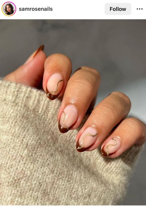 October Nails Ideas Almond, Red French With Gold Line, November Simple Nails, Snake Skin French Tip Nails Almond, Almond Shape Thanksgiving Nails, Autumn Oval Nails, Dark Brown And Gold Nails, Autumn Nail Designs 2024 Short, Fearless Era Nails