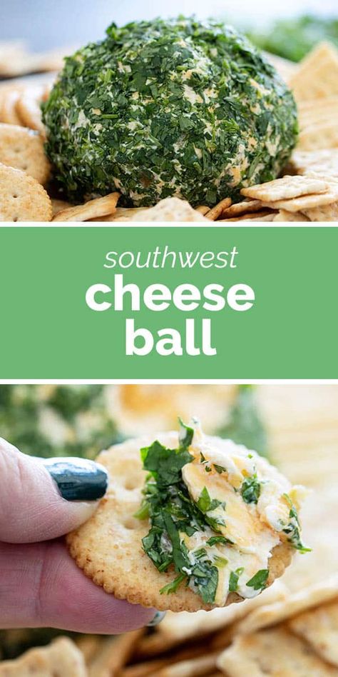 This Southwest Cheese Ball is filled with all of your favorite Tex-Mex flavors - green chiles, cheese, and cilantro. Great for parties or game nights. Tailgate Snacks, Party Snack Food, Green Chiles, Football Party Food, Crowd Pleasing Recipes, Cheese Ball Recipes, Cheese Balls, Snack Foods, Delish Recipes