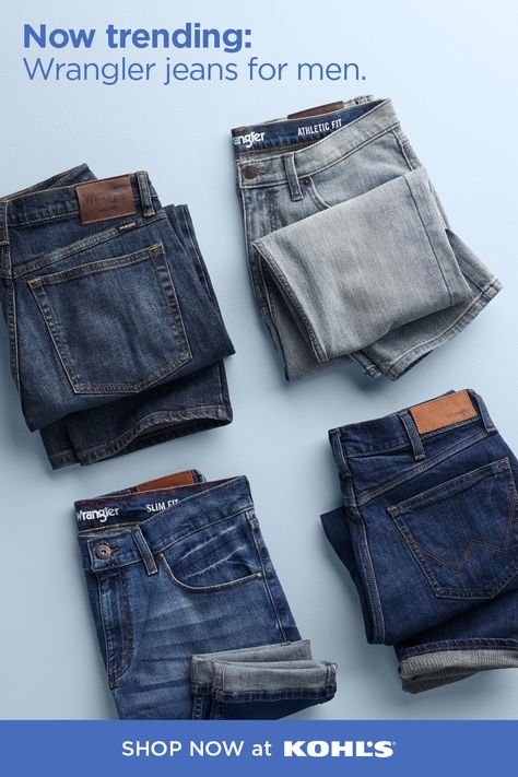 You can’t go wrong with great jeans. From a classic pair to something more stylish, Wrangler is the answer. They’re perfect if you’re in the market for work jeans, too. Shop Wrangler jeans for men and more at Kohl’s and Kohls.com. Plus, try Store Drive Up for online orders at select locations. #wranglerjeans #mensstyle Jeans Product Photography, Clothes For Men Over 50, Jeans Background, Jeans Photography, Denim Photography, Mens Wear Shop, Branded Jeans, Denim Photoshoot, Long Beard Styles