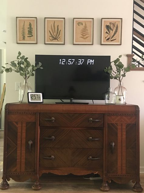 Credenza As Tv Stand, Tv Stand Decor Antique, Tv On Buffet Cabinet, Antique Dresser As Tv Stand, Traditional Living Room Tv Stand, Vintage Buffet Tv Stand, Buffet Cabinet Tv Stand, Tv Stand Dresser Living Room, Dresser Tv Stand Decor