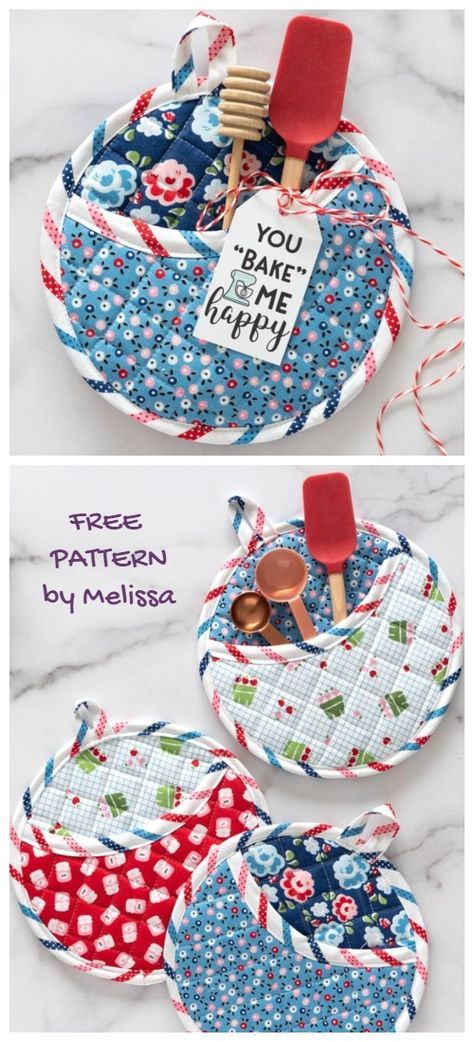 Free Small Sewing Patterns, Free Quilted Potholder Patterns, Round Pot Holders Patterns, Free Potholder Patterns Sewing Quilted Potholders, Kitchen Sewing Patterns, Sewing Projects For The Kitchen, Round Quilt Patterns, Sewing Potholders Free Pattern, Easy Quilted Gifts