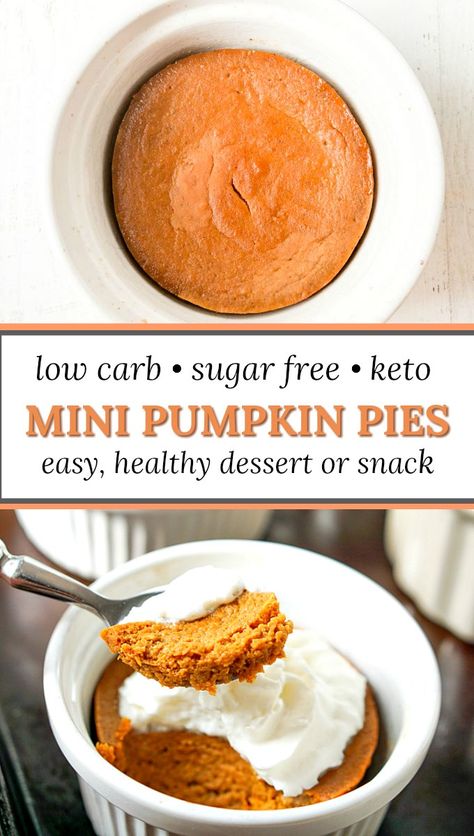 Mini Low Carb Pumpkin Pie Recipe - try this healthy, gluten free, sugar free, crustless pumpkin pie recipe for an easy keto snack or dessert! #lowcarbdessert #sugarfreepumpkinpie #ketosnack #lowcarbrecipe #crustlesspumpkinpie #lowcarbdessertrecipe #ketodessertrecipe Ditch The Carbs Recipes, No Carb Pumpkin Dessert, Low Carb Pumpkin Puree Recipes, Keto Evaporated Milk, Keto Evaporated Milk Recipes, Keto Almond Milk Recipes, No Chew Recipes, Pumpkin Puree Recipes Healthy Low Carb, Keto Recipes With Pumpkin Puree