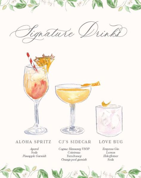 Commission custom watercolor artwork for your signature drinks, cocktail, or bar sign.  Includes 2x prints 8x10" Single-sided Custom artwork - may include original drink illustrations, floral motif, and/or pet portraits This watercolor paper signature drink menu will fit right in with your wedding decor. Digitally printed with a classic calligraphy font, your guests will know exactly what special drinks you've chosen for them.  The photo is of a watercolor paper bar menu. Gold frame and other i Watercolor Signage, Bar Sign Ideas, Wedding Food Station, 27th Birthday Party, Signature Drink Menu, Gin And Soda, Wedding Drink Sign, Fonts For Invitations, Paint And Drink