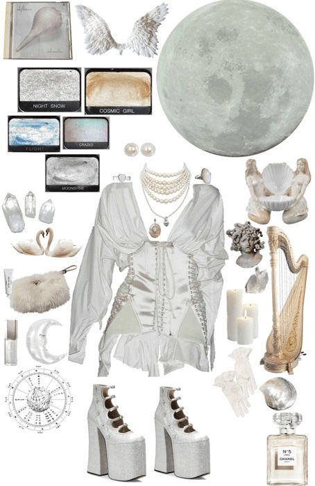 Mercury Aesthetic Outfit, Space Outfit Aesthetic Drawing, Solar Eclipse Outfit Ideas, Moon Witch Outfit, Light Witch Outfit, Moon Girl Aesthetic Outfits, White Witch Outfit, Moon Outfit Aesthetic, Moon Themed Outfits