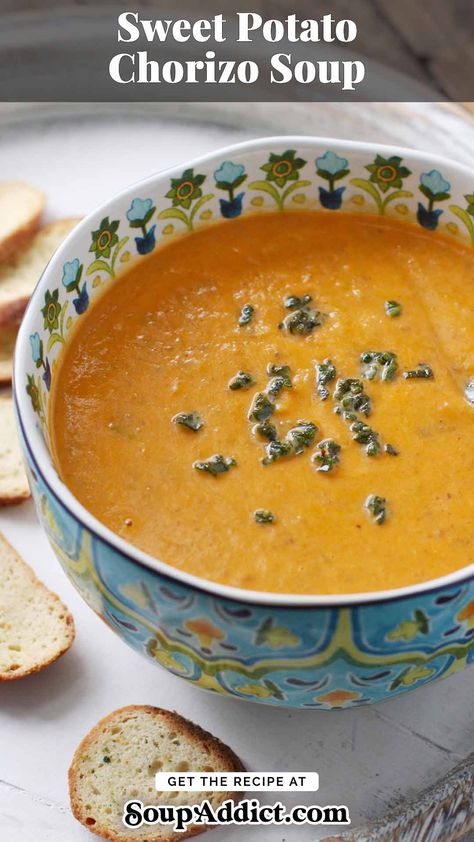 Sweet Potato Chorizo Soup in a blue bowl. Sweet Potato And Pepper Soup, Sweet Potato Chorizo Soup, Sweet Potato Sausage Soup, Potato Sausage Soup, Sweet Potato Chorizo, Chorizo Soup Recipes, Sweet Potato Sausage, Potato Chorizo, Chorizo Soup