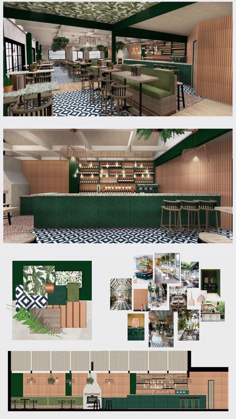 Green House Restaurant, Restaurant Design Concepts, Interior Presentation, Interior Design Portfolio Layout, Cafe Shop Design, Interior Design Presentation, Interior Design Boards, Design Presentation, Restaurant Concept